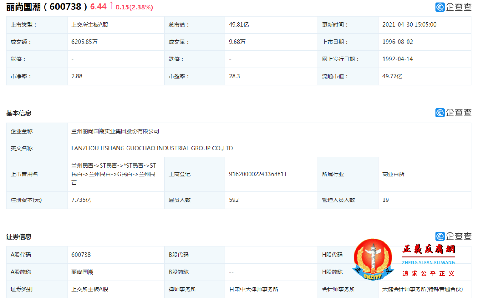 兰州丽尚国潮实业集团股份有限公司基本信息、证券信息.png